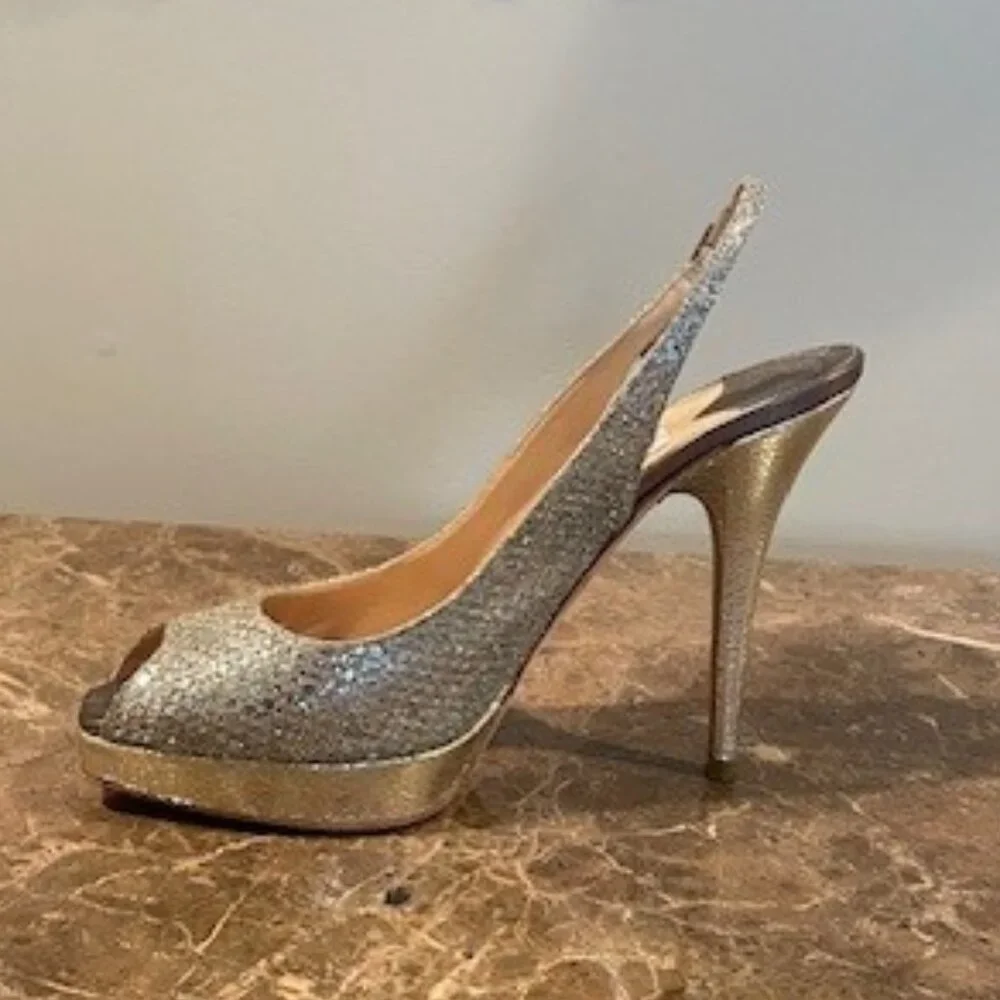 Jimmy Choo CLUE Champagne Platform PeepToe Slingback Heels – Sz 7.5